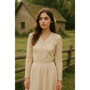 DIALOGUE Y2k Cream Lace Long Sleeve Top M Victorian‎ Fairy Romantic Cottage